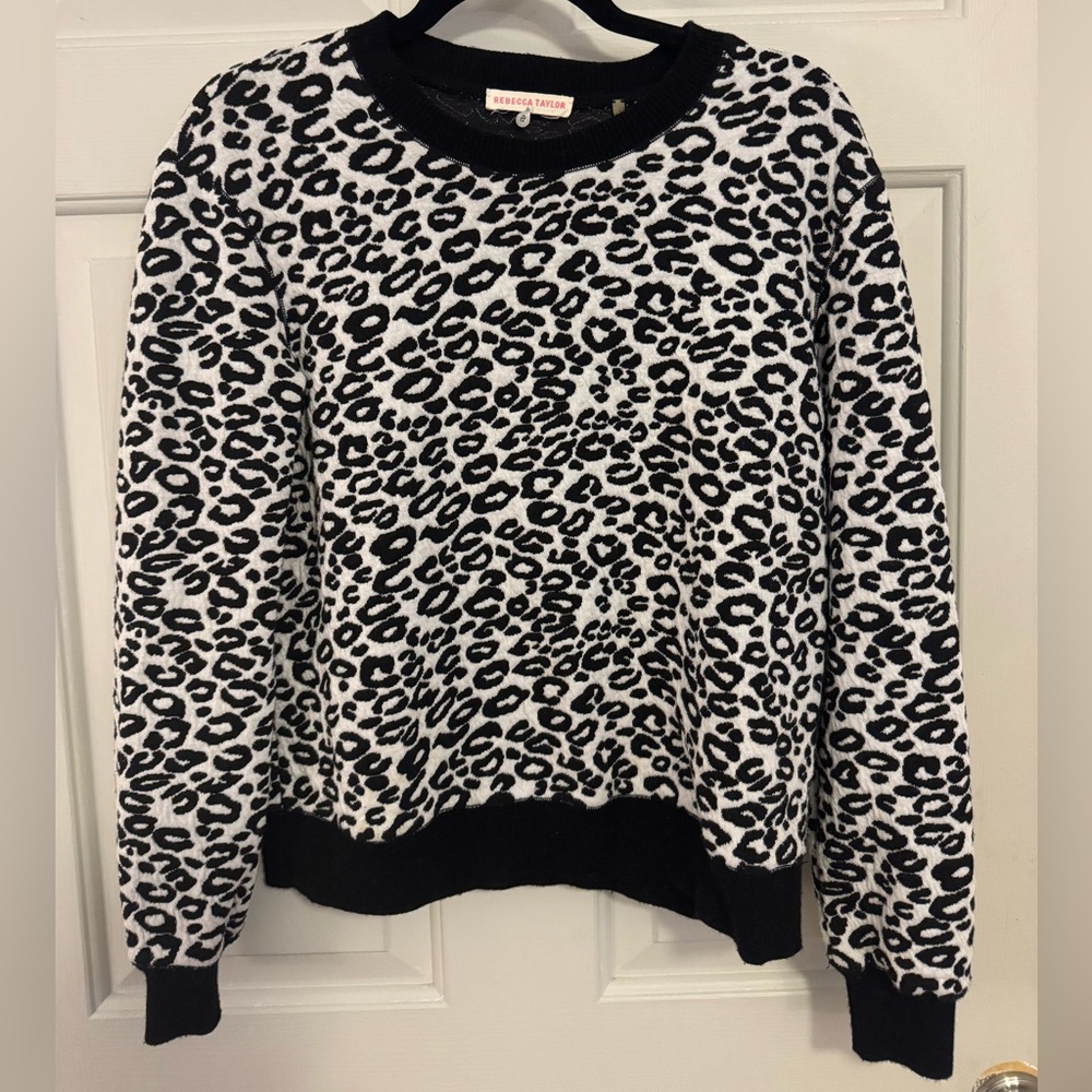 Rebecca Taylor Black and White Cheetah Print Crew Neck Sweater Small